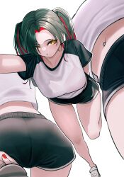 1girl absurdres ass azur_lane black_hair black_shorts bra_visible_through_clothes colored_inner_hair ear_piercing from_below gym_shirt gym_shorts gym_uniform highres light_blush looking_at_viewer multicolored_hair multiple_views navel_piercing parted_bangs parted_lips piercing red_hair red_nails rmflawhdk12345 shirt short_sleeves shorts simple_background solo two_side_up white_background yellow_eyes z52_(azur_lane)