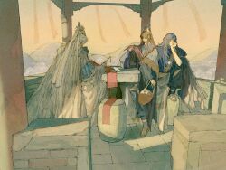 3boys 4k123 architecture blue_hanfu blue_horns blunt_bangs brown_eyes brown_hair chinese_clothes clear_sky closed_mouth east_asian_architecture elbow_on_knee grey_hair grey_socks hair_ornament hair_over_shoulder hand_on_own_face hanfu head_rest highres holding horns jinguang_budaixi knee_up long_hair long_sidelocks male_focus meng_qiusun mountainous_horizon multiple_boys on_stool outdoors sandals sidelighting sidelocks silk single_horn sitting sky socks stool table toeless_legwear white_hair white_hanfu xiao_guan_(headdress) yan_hanqing yellow_eyes yu_xingyi