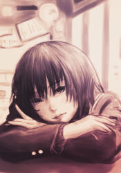 1girl absurdres amagami arm_rest closed_mouth elbow_rest elbows_on_table greyscale head_on_hand head_rest highres indoors kibito_high_school_uniform lips long_sleeves looking_at_viewer monochrome nanasaki_ai oshizu school_uniform short_hair solo upper_body