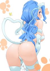 Rule 34 | 1girl, animal ears, animal hands, animal print, ass, ass focus, big hair, blue eyes, blue hair, breasts, bug, butterfly, capcom, cat ears, cat paws, cat print, cat tail, darkstalkers, elbow gloves, felicia (darkstalkers), female focus, gloves, hip focus, insect, legs, long hair, looking back, matching hair/eyes, minakami (flyingman555), sideboob, solo, sweat, sweatdrop, tail, thighhighs, white background