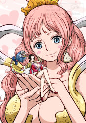 Rule 34 | 2girls, apple7apo, bikini, blue eyes, blush stickers, boa hancock, breasts, cape, carrying, carrying person, commentary request, crop top, crossed arms, earrings, epaulettes, fish hair ornament, giant, giantess, hagoromo, hair ornament, half updo, high heels, jewelry, large breasts, long hair, long sleeves, multiple girls, one piece, pink hair, red shoes, salome (one piece), shawl, shell, shell earrings, shirahoshi, shoes, sidelocks, size difference, skull, smile, snake, snake earrings, swimsuit, white cape, yellow bikini