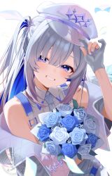 1girl absurdres amane_kanata blue_eyes blue_hair blush bouquet collared_shirt colored_inner_hair commentary_request flower gloves grey_gloves grey_hair grey_necktie grin hat highres hololive long_hair looking_at_viewer multicolored_hair necktie partially_fingerless_gloves peaked_cap shirt smallpine_7 smile solo two_side_up upper_body virtual_youtuber white_hat