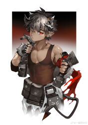 1boy abs absurdres arknights belt_bag black_hair black_shirt black_tank_top chinese_commentary closed_mouth commentary_request demon_boy demon_horns demon_tail highres horns male_focus muscular muscular_male odda_(arknights) one_eye_closed pectorals pointy_ears red_eyes removing_jacket scar scar_on_arm scar_on_neck shirt sleeveless sleeveless_shirt sweat tail tank_top undressing watermark weibo_watermark yi_tan_a_mi_ba