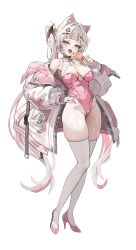 1girl absurdres animal_ear_fluff animal_ears bat_hair_ornament bell blunt_bangs breasts buckle cat_ears cleavage cleavage_cutout clothing_cutout covered_navel earrings fang food grey_eyes hair_intakes hair_ornament hand_on_own_hip heart heart-shaped_eyes heart_earrings heart_hair_ornament heterochromia high_heels highres holding holding_food holding_popsicle jacket jewelry large_breasts leotard light_blush long_hair multicolored_hair multicolored_jacket neck_bell open_clothes open_jacket open_mouth original pink_eyes pink_jacket pink_leotard pink_shoes pink_streaks popsicle puffy_sleeves shoes sidelocks simple_background skin_fang snap-fit_buckle solo standing streaked_hair thighhighs two-tone_jacket very_long_hair white_background white_hair white_jacket white_thighhighs zipper zutsuyaku