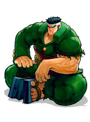Rule 34 | 1boy, absurdres, belt, brown eyes, closed mouth, collarbone, dark green hair, fingernails, frown, green hair, headband, highres, isurugi gan, justice gakuen, kim sung hwan, male focus, muscular, rope belt, simple background, sitting, solo, toenails, torn clothes, veins, white background