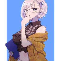 1girl :o aqua_eyes asymmetrical_hair black_shirt blue_background braid breasts collared_shirt commentary ear_piercing earrings english_commentary feather_hair_ornament feathers folder french_braid futomoy glasses green_nails grey_hair hair_ornament highres holding holding_folder hololive hololive_indonesia hoop_earrings jacket jewelry looking_at_viewer medium_breasts mismatched_earrings mixed-language_commentary nail_polish navel off_shoulder official_alternate_costume open_mouth parted_bangs pavolia_reine piercing shirt short_hair simple_background sleeveless sleeveless_shirt solo stomach upper_body virtual_youtuber wing_collar yellow_jacket