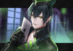 1boy arm_up black_gloves black_hair black_hat black_horns black_jacket closed_mouth collared_jacket commentary_request crossed_bangs dated eyelashes gloves green_eyes hair_behind_ear happy_birthday hat holding holding_letter horns jacket kuroba.k letter looking_to_the_side male_focus malleus_draconia muntins open_clothes open_jacket pointy_ears sideways_glance solo twisted_wonderland upper_body window wing_collar