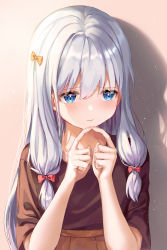 1girl absurdres black_shirt blue_eyes blush bow brown_skirt closed_mouth eromanga_sensei hair_between_eyes hair_bow high-waist_skirt highres izumi_sagiri long_hair pleated_skirt red_bow shirt silver_hair skirt solo starlime yellow_bow