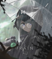Rule 34 | 1girl, absurdres, baseball cap, black hat, black jacket, blurry, blurry background, camera, closed mouth, glasses, grey hair, hat, hat under hood, highres, holding, holding camera, hood, hood up, hooded jacket, jacket, looking at viewer, mark jin, original, outdoors, purple eyes, rain, raincoat, round eyewear, solo, umbrella, upper body