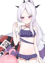 1girl ahoge blue_archive blush demon_girl demon_horns demon_wings flat_chest frills highres hina_(blue_archive) horns innertube kustaru loli long_hair looking_at_viewer navel purple_eyes simple_background standing swim_ring swimsuit white_background white_hair wings