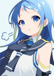 Rule 34 | 1girl, :t, absurdres, black neckerchief, black sailor collar, blue eyes, blue hair, blush, closed mouth, elbow gloves, gloves, gradient hair, highres, ichigomaru d, kantai collection, long hair, looking at viewer, multicolored hair, neckerchief, pout, sailor collar, samidare (kancolle), school uniform, serafuku, shirt, signature, sleeveless, sleeveless shirt, solo, upper body, very long hair, white background, white serafuku