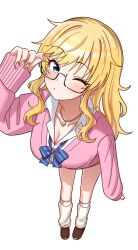1girl blonde_hair blue_eyes breasts cleavage collar collared_shirt glass gyaru highres idolmaster idolmaster_cinderella_girls looking_at_viewer nail_polish necktie niban_(puka_0507) ohtsuki_yui one_eye_closed school_uniform shirt white_background