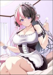 1girl bare_shoulders black_dress blush breasts brown_hair brown_ribbon closed_mouth commentary curtains dress hair_ribbon highres holding indoors large_breasts long_hair maid maid_headdress mimikaki multicolored_hair pink_hair pink_ribbon purple_eyes ribbon siroha_lux solo split-color_hair tachibana_hinano thighs two-tone_hair virtual_youtuber vspo! white_dress white_wrist_cuffs wrist_cuffs