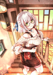 Rule 34 | 1girl, alternate costume, between breasts, black skirt, blue ribbon, bracelet, braid, breasts, choker, cleavage, clock, collarbone, drawing (object), glasses, green eyes, hair between eyes, hair ribbon, hand on railing, hero (10cl3), highres, hololive, indoors, jewelry, large breasts, looking at viewer, mole, mole on breast, off-shoulder sweater, off shoulder, picture frame, plaid clothes, plaid skirt, pocketbook, ribbed sweater, ribbon, round eyewear, shirogane noel, shirogane noel (casual), short hair, silver hair, skirt, smile, solo, stairs, standing, strap, sweater, virtual youtuber, white sweater