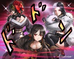 3girls ahoge back_tattoo belt black_gloves black_hair bow breasts bridal_gauntlets choker coat commentary earrings from_behind fur_coat gloves goddess_of_victory:_nikke grimaisbestwaifu hair_bow hair_ornament half_gloves hand_up hands_up high_heels japanese_clothes jewelry jojo_no_kimyou_na_bouken long_sleeves looking_at_viewer moran_(nikke) multicolored_hair multiple_girls panties red_eyes red_hair rosanna_(nikke) sakura_(nikke) short_hair side-tie_panties signature sparkle squatting streaked_hair sunglasses tattoo thighhighs underwear underworld_queen_(nikke) white_hair wide_sleeves