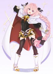 Rule 34 | 1boy, astolfo (fate), bad id, bad twitter id, black thighhighs, blush, boots, braid, cape, fang, fate/apocrypha, fate/grand order, fate (series), garter straps, gauntlets, hair ribbon, highres, long hair, male focus, open mouth, pink hair, purple eyes, ribbon, single braid, smile, solo, tanaka kii, thighhighs, v-shaped eyebrows, very long hair, white boots