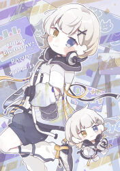 1girl :3 absurdres alternate_costume bang_dream! bang_dream!_it&#039;s_mygo!!!!! blue_background detached_sleeves hair_ornament happy_birthday headphones headphones_around_neck heterochromia highres hood hoodie kaname_raana short_hair strap white_hair white_hoodie x_hair_ornament yachi_(m104yj)