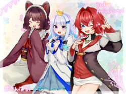 :d ange_katrina ange_katrina_(1st_costume) animal_ears animal_hair_ornament anniversary apron ayuko_ammobium bird black_coat black_sash blue_background blue_eyes blue_hair blue_neckerchief blue_skirt breasts brown_hair brown_kimono cardigan closed_eyes coat colored_inner_hair commentary_request dog_ears dress flower frilled_skirt frills hair_flower hair_intakes hair_ornament hands_up hashtag heart high-waist_skirt highres inui_toko inui_toko_(1st_costume) japanese_clothes kimono laughing layered_skirt light_blush lize_helesta lize_helesta_(1st_costume) long_hair long_skirt long_sleeves looking_at_viewer maid_headdress medium_hair miniskirt multicolored_eyes multicolored_hair neckerchief nijisanji notice_lines obi obijime one_eye_closed open_mouth party_popper pink_background pleated_skirt purple_eyes red_cardigan red_hair red_skirt sanbaka_(nijisanji) sash sebastian_piyodore shirt shirt_tucked_in short_dress shrug_(clothing) sidelocks skirt sleeves_past_fingers sleeves_past_wrists small_breasts smile sparkle star_(symbol) streaked_hair teeth triangle_hair_ornament two-tone_eyes two-tone_hair upper_teeth_only virtual_youtuber waist_apron white_apron white_dress white_hair white_headdress white_shirt white_shrug white_skirt yellow_bird
