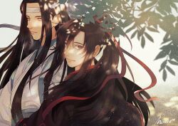 Rule 34 | 2boys, artist name, black hair, black hanfu, blue sash, brown eyes, chinese clothes, closed mouth, dappled sunlight, day, hair ribbon, hanfu, headband, high ponytail, lan wangji, leaf, light particles, long hair, long sleeves, looking at viewer, looking back, male focus, minataka94, modao zushi, multiple boys, outdoors, ponytail, red ribbon, ribbon, robe, sash, sidelocks, signature, smile, sunlight, upper body, very long hair, wei wuxian, white hanfu, white headband, wide sleeves, yellow eyes