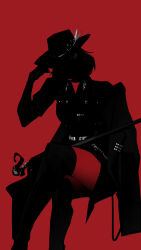 1girl adjusting_clothes adjusting_headwear cane cowboy_shot faceless faceless_female hat_feather highres holding holding_cane langley_(path_to_nowhere) path_to_nowhere red_background short_hair silhouette sitting sleeptight solo