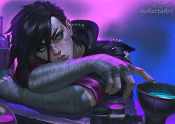 1girl alcohol arm_wrap artist_name asymmetrical_hair bandage_on_nose bar_(place) black_hair cheek_tattoo commentary earrings english_commentary highres jewelry league_of_legends norattaart nose_piercing piercing short_hair sidecut solo tattoo undercut vi_(league_of_legends)