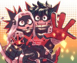 1boy 1girl black_gloves boku_no_hero_academia brown_eyes carrying child commentary domino_mask eri_(boku_no_hero_academia) freckles gloves green_eyes green_hair halftone halftone_background highres mask mica_(c_killjoy) midoriya_izuku open_mouth red_gloves smile superhero_costume twitter_username two-tone_gloves watermark white_hair