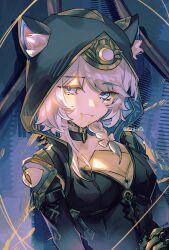 1girl animal_ear_fluff animal_ears black_choker blood blood_from_mouth blue_eyes bow braid breasts cat_ears choker cipher_(honkai:_star_rail) cleavage commentary english_commentary grey_hair grin hair_bow highres honkai:_star_rail honkai_(series) hood looking_at_viewer lushiette mole mole_on_chest short_hair single_braid small_breasts smile solo spoilers upper_body white_bow yellow_blood