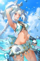 1girl arm_up armpits blue_sky braid breasts cloud commentary day fingerless_gloves genshin_impact gloves highres long_hair looking_at_viewer megumi_ml mualani_(genshin_impact) navel ocean one_eye_closed open_mouth outdoors red_eyes sky smile solo thighs very_long_hair water water_drop white_hair