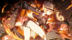 Rule 34 | 1girl, absurdres, ass, baseball bat, black gloves, black helmet, black jacket, black shirt, blonde hair, boar, chain, closed mouth, combat helmet, commentary request, cropped jacket, cropped shirt, fire, fur-trimmed shorts, fur trim, gloves, hair between eyes, helmet, highres, holding, holding baseball bat, jacket, long hair, long sleeves, looking at viewer, luciana de montefio, lucy&#039;s crew (zenless zone zero), mask, mask around neck, metal baseball bat, micro shorts, open clothes, open jacket, pickelhaube, red eyes, shirt, shorts, side ponytail, thighs, torn clothes, torn shirt, v-shaped eyebrows, yuyiosang, zenless zone zero