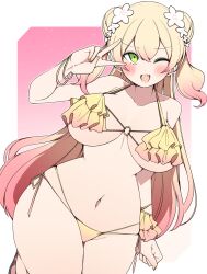 1girl absurdres bikini blonde_hair blush bra breasts collarbone fang frilled_bra frills gradient_hair green_eyes highres hololive kuma_no_bansoukou large_breasts long_hair momosuzu_nene multicolored_hair one_eye_closed open_mouth swimsuit underwear v virtual_youtuber yellow_bikini