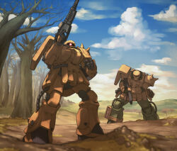 Rule 34 | bare tree, cable, cloud, cloudy sky, commentary request, gun, gundam, gundam 0083, holding, holding gun, holding weapon, machine gun, machinery, mecha, mecha focus, mobile suit, no humans, one-eyed, red eyes, robot, rock, science fiction, shield, shoulder spikes, sky, spikes, tessaku ro, tree, weapon, zaku ii, zaku ii f2, zeon