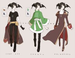1boy bat_wings black_boots black_gloves black_hair black_pants black_shirt black_wings boots brown_coat brown_dress brown_thighhighs coat cross cross_necklace crossdressing dress full_body fumiddition garter_straps gloves green_shirt grey_background head_wings holding holding_coat holding_unworn_clothes jewelry juliet_sleeves long_hair long_sleeves looking_afar male_focus necklace open_mouth pants priest_(ragnarok_online) puffy_sleeves ragnarok_online shirt short_hair short_sleeves simple_background smile t-shirt thighhighs unworn_coat wings yellow_eyes