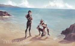 Rule 34 | 1boy, 1girl, alien, artist name, beach, black eyes, brown hair, character request, check character, closed mouth, cloud, cloudy sky, commander shepard, commander shepard (female), commentary, copyright request, crossed arms, dark skin, english commentary, full body, grey sky, highres, holding, holding shell, looking at another, looking at viewer, mass effect (series), mordin solus, ocean, on one knee, outdoors, shell, short hair, sky, smile, spacesuit, standing, tworain w, watermark, waves