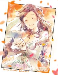 1boy 1girl bare_shoulders breasts brown_hair cat_earth2 character_name cleavage closed_mouth detached_sleeves dress final_fantasy final_fantasy_ix garnet_til_alexandros_xvii gloves grey_gloves hair_ornament hand_in_own_hair happy_birthday highres jewelry light_blush long_dress long_hair medium_breasts necklace official_alternate_costume open_mouth smile strapless strapless_dress upper_body white_dress white_sleeves wrist_cuffs zidane_tribal