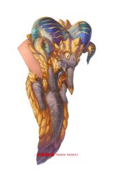 alternate_size animal_hands black_scales blue_horns chibi claws commentary facebook_logo facebook_username gold_claws gold_scales gold_trim highres holding horns instagram_logo instagram_username kulve_taroth monster monster_hunter:_world monster_hunter_(series) no_humans pixiv_logo pixiv_username simple_background slit_pupils surprised white_background wide-eyed xezeno yellow_eyes