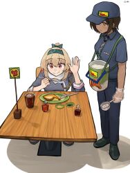 2girls absurdres black_shoes blue_hat blue_pants blue_shirt brand_name_imitation breasts brown_hair bucket chicken_(food) closed_mouth cup dark-skinned_female dark_skin food fork gamryous girls&#039;_frontline gloves hand_up hat highres limbus_company looking_at_another mang_inasal medium_breasts multiple_girls name_tag necktie outis_(project_moon) pants philippines plastic_gloves plate project_moon red_eyes rice shirt shoes short_hair simple_background sitting smile sv-98_(girls&#039;_frontline) table white_background yellow_eyes