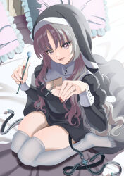 Rule 34 | 1girl, black dress, black veil, breasts, cleavage, cleavage cutout, clothing cutout, cross, cross necklace, dress, highres, holding, indie virtual youtuber, jewelry, kagura hiromu, kanaut nishe, large breasts, long hair, long sleeves, looking at viewer, nail polish, necklace, nun, on bed, open mouth, pillow, purple eyes, purple hair, red nails, sitting, smile, solo, thighhighs, veil, wariza