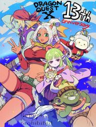 2girls 3boys anniversary aqua_skin arm_tattoo bandana blonde_hair blue_sky blunt_bangs bow colored_skin commentary_request confetti copyright_name crown distan_(dq10) doll dragon_quest dragon_quest_x earrings facial_hair facial_mark fins fish_boy fuura_(dq10) green_eyes green_skin grin hair_bow head_fins holding holding_doll horned_hat hyuuza_(dq10) japanese_clothes jewelry large_ears looking_at_viewer looking_to_the_side maiyu_(dq10) midriff monster_boy multiple_boys multiple_girls navel neruhitsuji pink_bow pointy_ears ponytail prince prince_laguas profile puffy_short_sleeves puffy_sleeves purple_eyes purple_skin purple_vest red_bandana red_shorts red_skin red_sports_bra scarf short_sleeves shorts shoulder_spikes silver_thighlet sky smile sphere_earrings spikes sports_bra stubble tail tail_around_neck tattoo thighlet vest white_hair yellow_scarf