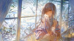 1girl bare_tree blush candlestand coat cup day highres holding holding_cup indoors long_hair long_sleeves looking_at_viewer original parted_lips snow snowing solo steam sumi_0525 tree very_long_hair window windowsill winter