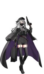 1girl artist_request bad_source belt black_gloves breasts cape full_body game_cg garter_straps gloves gun handgun highres holding holding_gun holding_suitcase holding_weapon long_sleeves mask mouth_mask nostra_(sennen_sensou_aigis) official_art purple_eyes revolver sennen_sensou_aigis solo suitcase third-party_source transparent_background weapon