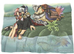 1boy 1girl 2000s_(style) armor barefoot bird black_pants black_shirt blue_eyes breastplate bun_cover cape closed_mouth commentary_request cross double_bun dress full_body grey_hair hair_bun hasenyo headphones high_priest_(ragnarok_online) juliet_sleeves lake long_sleeves looking_at_another lord_knight_(ragnarok_online) pants pauldrons peco_peco pink_eyes pink_hair plant puffy_sleeves ragnarok_online red_cape red_dress reflection reflective_water sash shirt short_hair shoulder_armor smile two-tone_dress white_dress white_sash