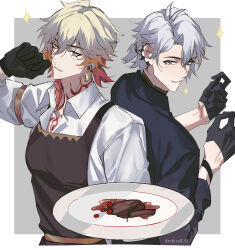2boys antenna_hair apron archive5_61 artist_name black_gloves black_shirt blonde_hair blue_eyes border braid brown_apron collared_shirt commentary earrings english_commentary facial_tattoo gloves gold_earrings gradient_hair hair_between_eyes half_gloves highres holding holding_plate honkai:_star_rail honkai_(series) jewelry male_focus medium_hair multicolored_hair multiple_boys mydei_(honkai:_star_rail) outside_border parted_bangs phainon_(fashion)_(honkai:_star_rail) phainon_(honkai:_star_rail) plate ponytail presenting red_hair red_tattoo shirt short_hair side_braid sparkle tattoo white_border white_hair white_shirt yellow_eyes