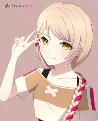 Rule 34 | 1girl, absurdres, arururunnnn, braid, fire emblem, fire emblem engage, framme (fire emblem), highres, long hair, looking at viewer, multicolored hair, nintendo, pink hair, solo, split-color hair, training outfit (fire emblem engage), two-tone hair, v, yellow eyes