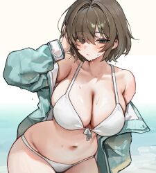 1girl absurdres aqua_jacket bikini blush breasts brown_hair character_request check_character cleavage collarbone commentary cowboy_shot front-tie_bikini_top front-tie_top fungi542 gradient_background grey_eyes hair_between_eyes hair_intakes hair_over_one_eye halterneck hand_in_own_hair highres huge_breasts jacket looking_at_viewer navel off_shoulder open_clothes open_jacket original parted_bangs short_hair skindentation solo string_bikini swimsuit symbol-only_commentary wet white_bikini