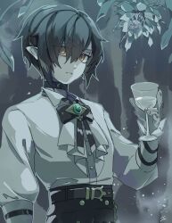 Rule 34 | 1boy, ascot, belt, black choker, black hair, black pants, brown belt, buttons, choker, closed mouth, collared shirt, colored skin, commentary request, cup, datenshi no fu, despair god morroc, drinking glass, expressionless, eyes visible through hair, flower, green brooch, hair between eyes, highres, holding, holding cup, long bangs, long sleeves, looking at viewer, male focus, orange eyes, pants, pointy ears, ragnarok masters, ragnarok online, revision, shirt, shirt tucked in, short hair, solo, upper body, white ascot, white flower, white shirt, white skin, wine glass