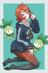 1girl arezu_(pokemon) bad_id bad_pixiv_id black_shorts blush border bracelet brown_eyes brown_hair closed_mouth commentary_request cowlick creatures_(company) eyelashes fingernails full_body game_freak gen_5_pokemon gradient_legwear grey_jacket twirling_hair hand_on_own_thigh hand_up highres izumi_ricca jacket jewelry kneeling long_sleeves looking_at_viewer nail_polish nintendo outside_border pantyhose pantyhose_under_shorts petilil pink_nails pokemon pokemon_(creature) pokemon_legends:_arceus short_hair shorts soles white_border