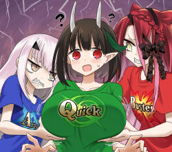 Rule 34 | 3girls, ?, arts shirt, biscione (fate), black hair, braid, breast envy, breasts, buster shirt, clenched teeth, dragon horns, fate/grand order, fate (series), flat chest, grabbing another&#039;s breast, grey hair, groping, hair over one eye, horns, large breasts, long hair, melusine (fate), multiple girls, oro (zetsubou girl), pointy ears, quick shirt, red eyes, red hair, teeth, typhon ephemeros (fate), yellow eyes