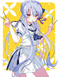 Rule 34 | 1girl, akayama yukihe, ascot, black ascot, black bow, blue hair, blush, border, bow, braid, closed mouth, commentary, cowboy shot, crown braid, dual wielding, eyes visible through hair, fingernails, floating hair, food, food in mouth, hair between eyes, hair bow, hair bun, hair ornament, hands up, highres, holding, holding food, holding pocky, long hair, looking at viewer, miniskirt, outside border, pocky, pocky in mouth, puffy short sleeves, puffy sleeves, red eyes, sailor collar, school uniform, serafuku, serious, shirt, short sleeves, sidelocks, simple background, single hair bun, skirt, solo, sorakado ao, straight hair, summer pockets, summer pockets school uniform, tassel, tassel hair ornament, v-shaped eyebrows, very long hair, w arms, white border, white sailor collar, white serafuku, white shirt, white skirt, yellow background