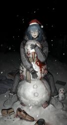 1boy blood blue_hair corpse death eyeball highres horror_(theme) huli_xiaobai jujutsu_kaisen long_hair mahito_(jujutsu_kaisen) sitting snow snowman solo stitched_face stitches