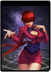 1girl breasts cleavage_cutout clothing_cutout curvy dress earrings female_focus fishnets hand_up jacket jewelry large_breasts long_hair orochi_shermie outdoors ponytail red_hair shermie_(kof) skirt smile standing the_king_of_fighters thighs twintails wide_hips